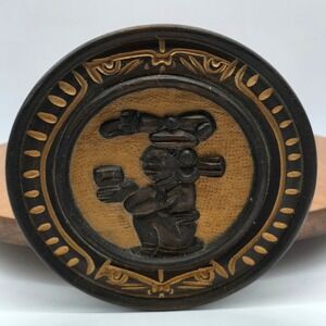 Vintage Hand Carved Wooden Plate Mesoamerican Figure